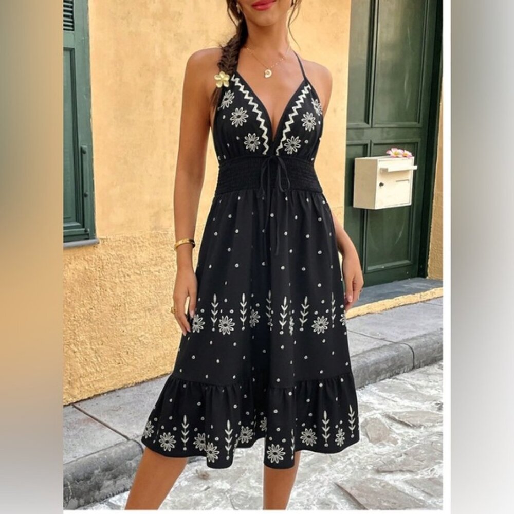 Boho Halter Backless Floral Print Dress Black